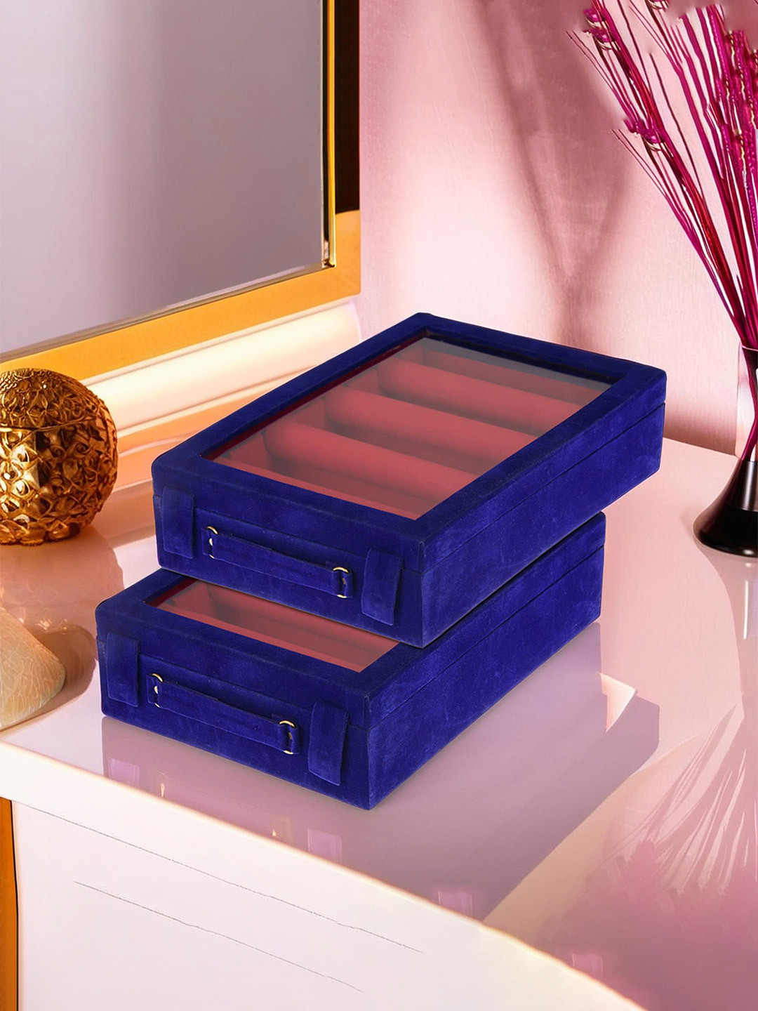 Kuber Industries 2-Pcs Blue 4-Rods Wooden Bangle Box Organizers