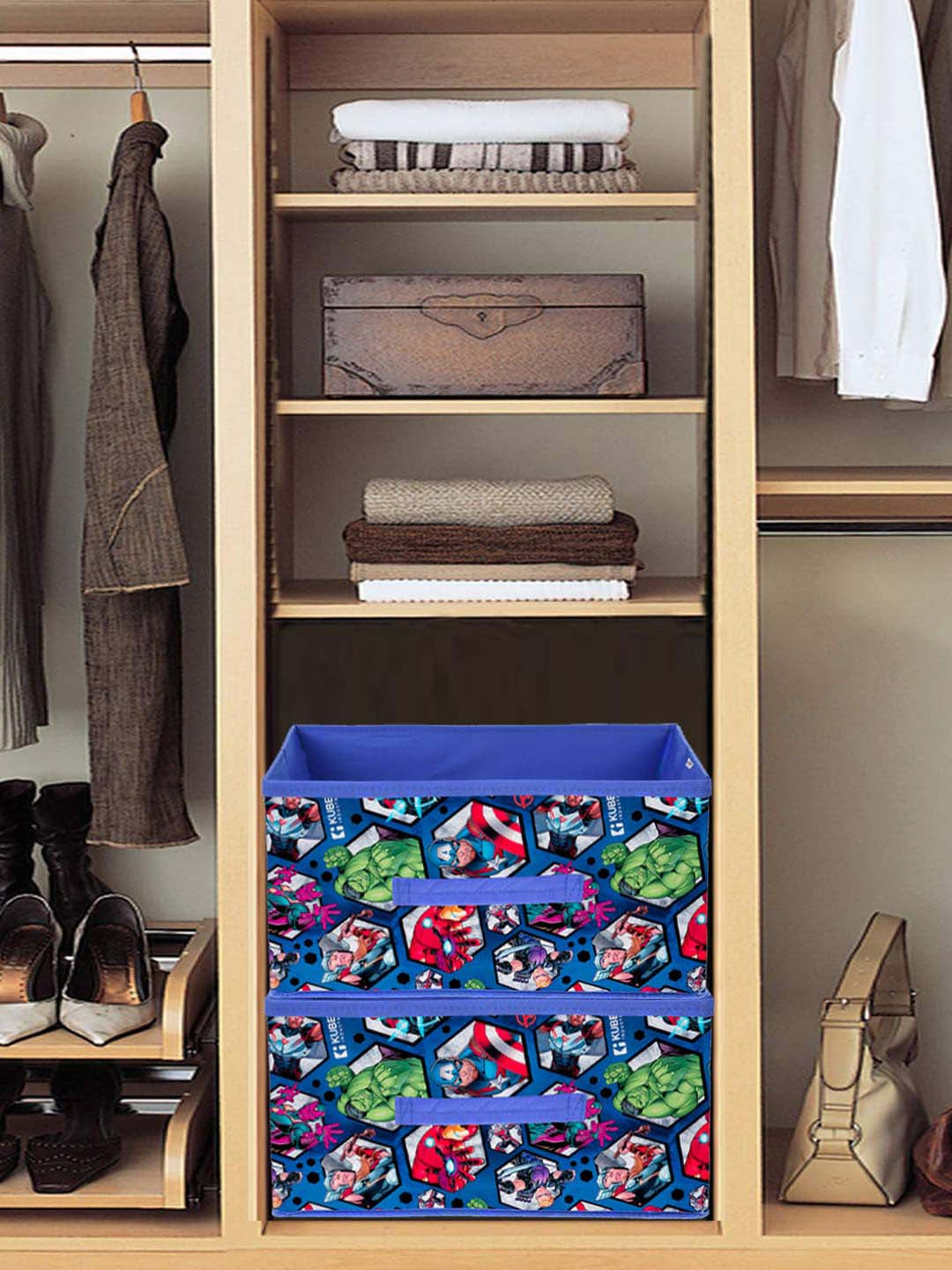 Kuber Industries 2-Pcs Blue & Green Marvel Avengers Printed Foldable Non-Woven Storage Boxes With Handle
