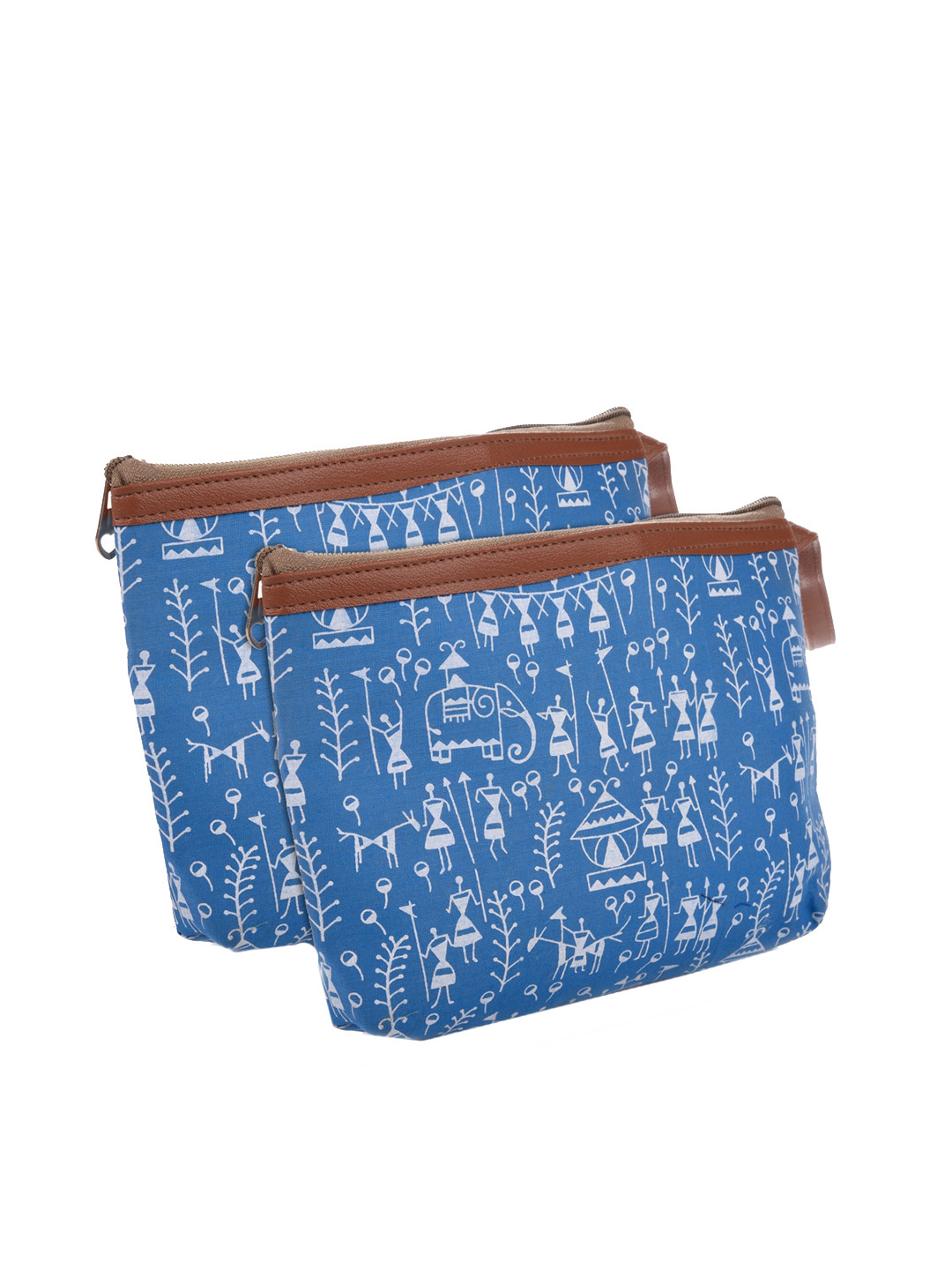 Kuber Industries 2-Pcs Blue & White Warli Printed Canvas Travel Cosmetic Pouches With Handle