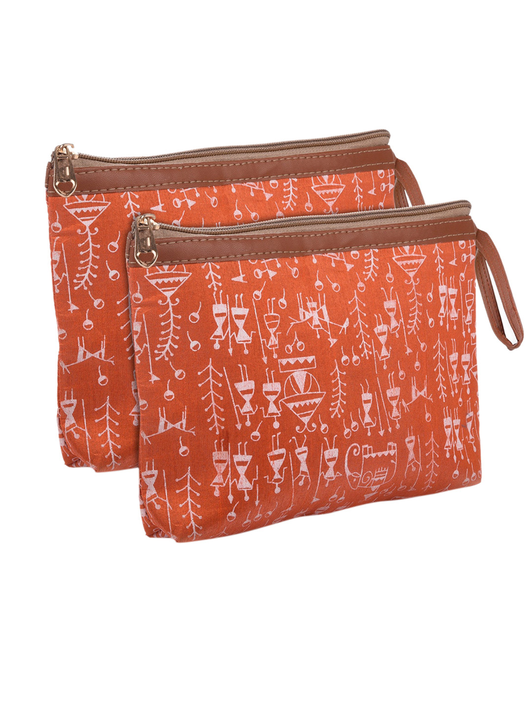 Kuber Industries 2-Pcs Orange Warli Printed Canvas Travel Cosmetic Pouches With Handle