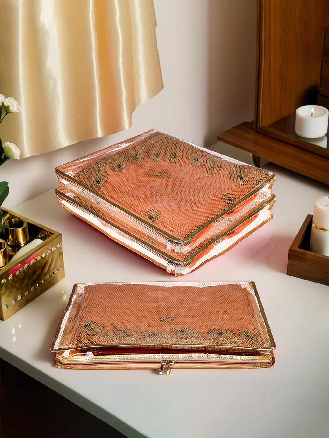 Kuber Industries 3 Pieces Gold-Toned Laminated Saree Covers With Mesh Fabric