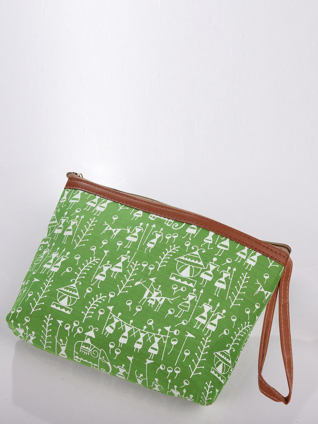 Kuber Industries 6-Pcs Green & White Warli Printed Canvas Travel Cosmetic Pouches With Handle