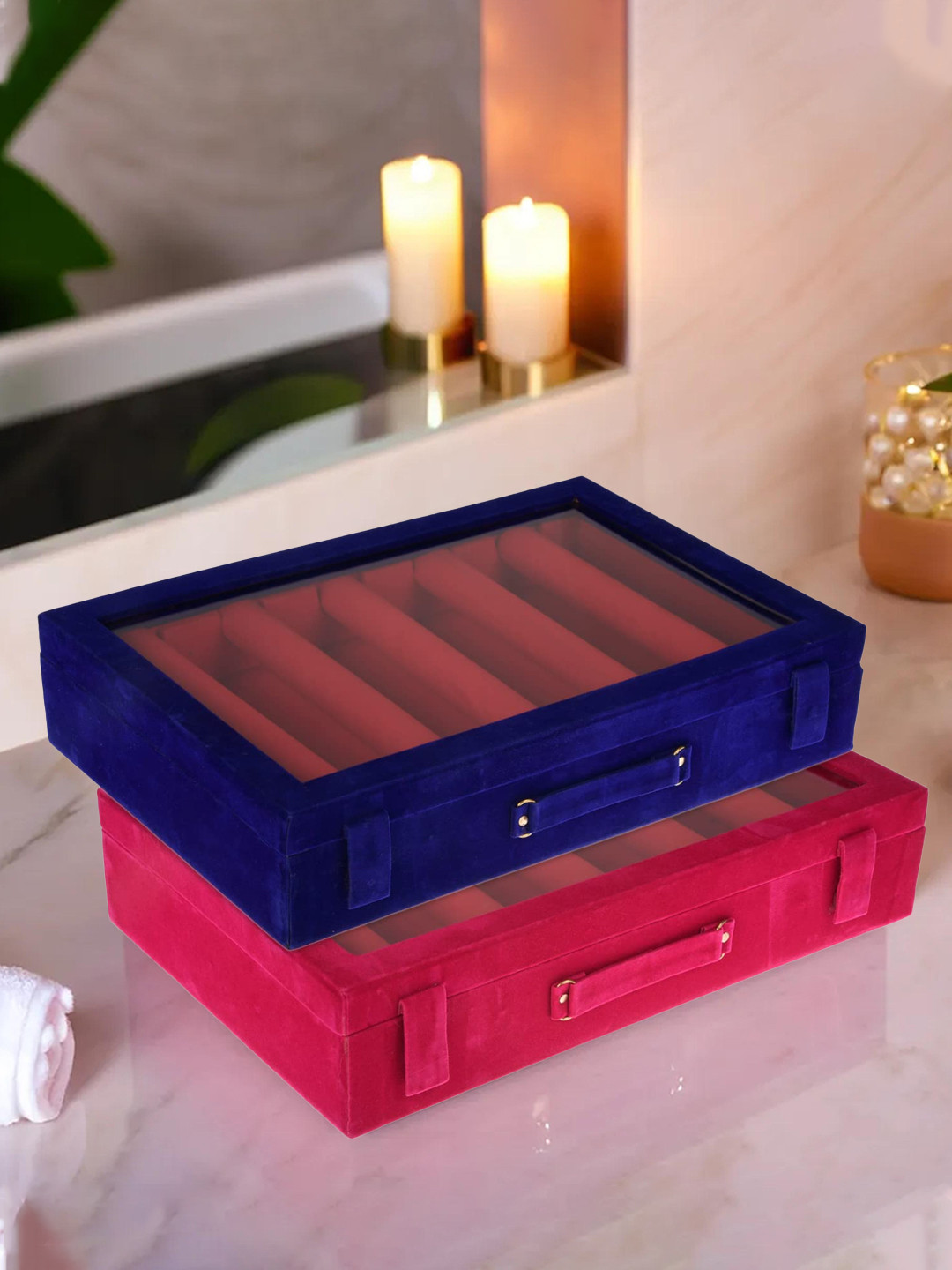 Kuber Industries 2-Pcs Blue & Pink 5-Rods Wooden Bangle Box Organizers