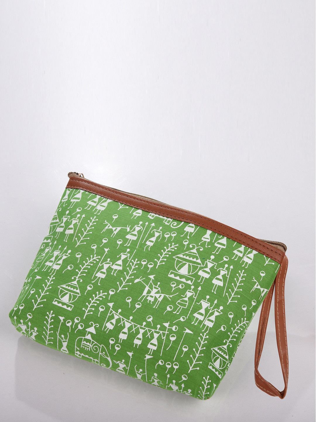 Kuber Industries 4-Pcs Green & White Warli Printed Canvas Travel Cosmetic Pouches With Handle