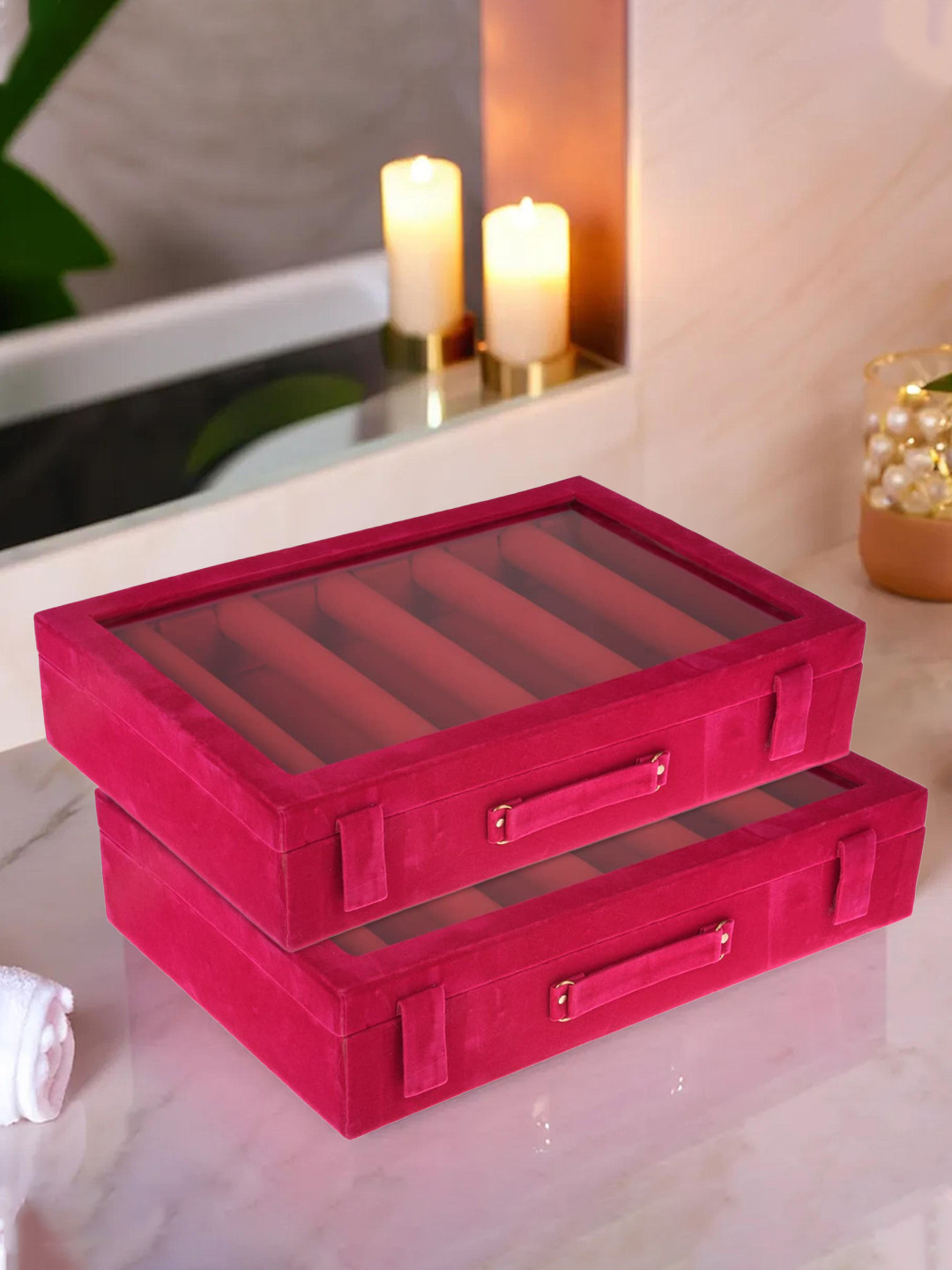 Kuber Industries Set of 2 Pink 5-Rod Wooden Bangle Box Organizer