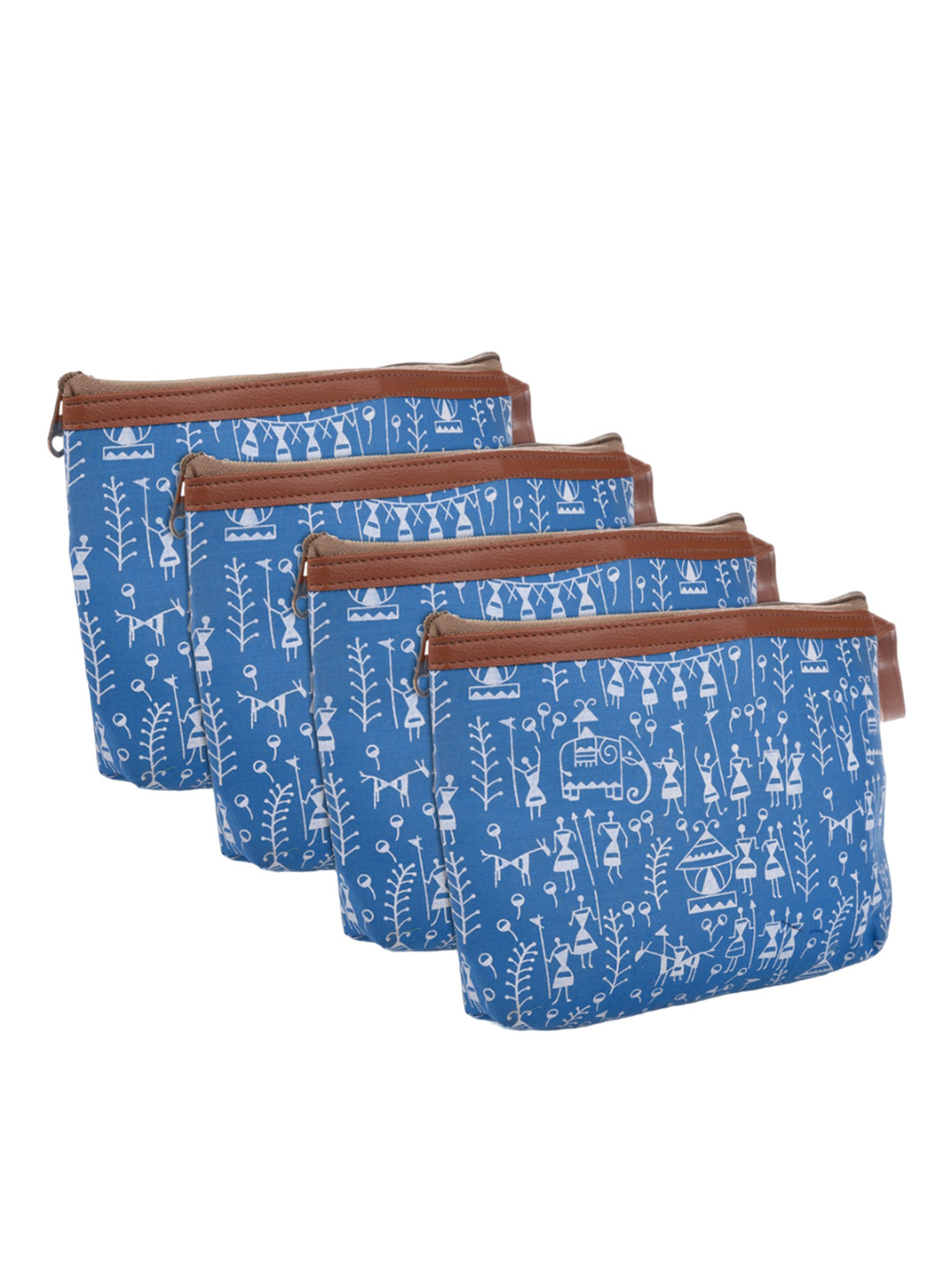 Kuber Industries 4-Pcs Blue & White Warli Printed Canvas Travel Cosmetic Pouches With Handle