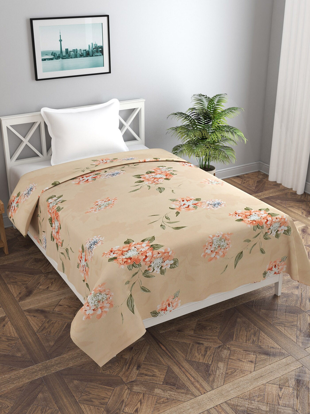 MORADO Peach-Coloured Floral Printed 180 GSM Single Duvet