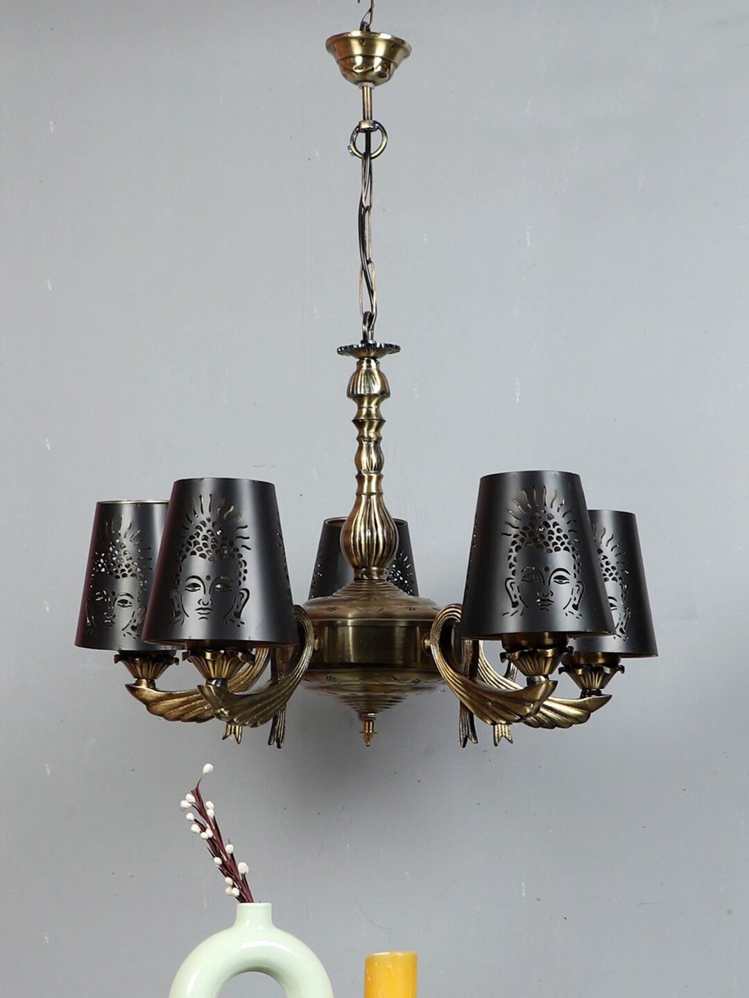 Devansh Black & Gold-Toned Etching Textured Metal Chandelier Ceiling Lamp