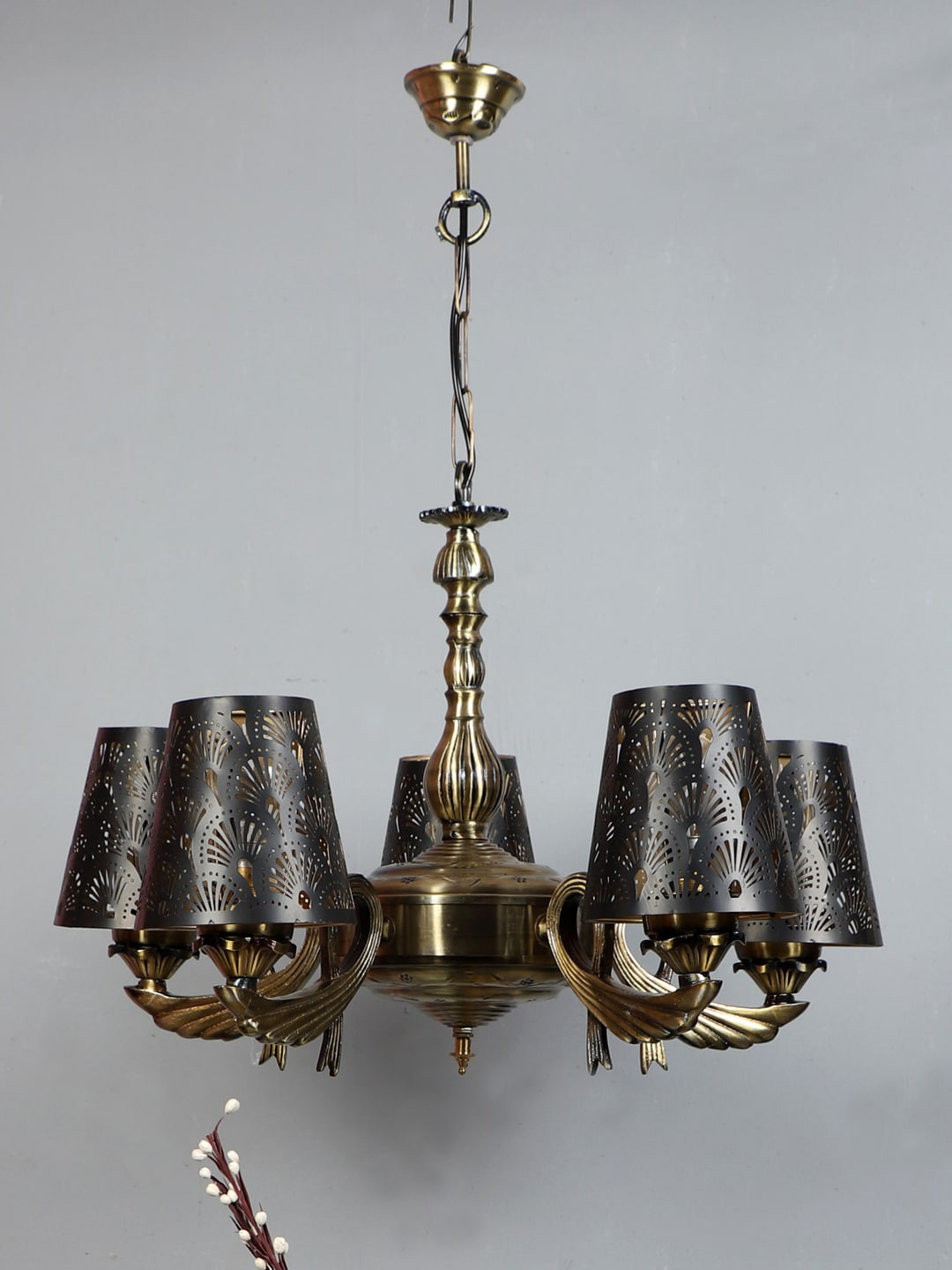 Devansh Black & Gold-Toned Etching Textured Metal Chandelier Ceiling Lamp
