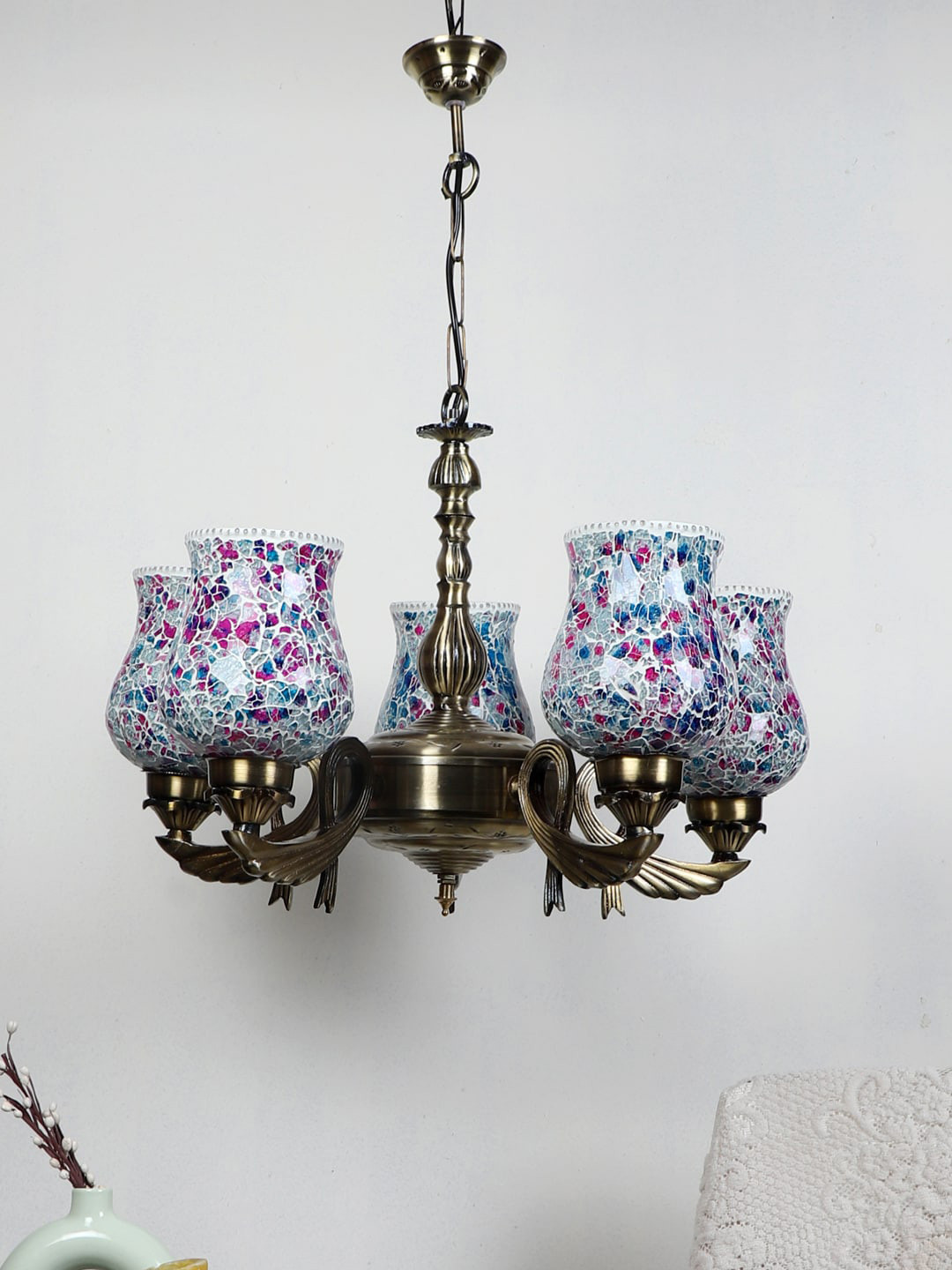 Devansh White & Gold-Toned Etching Textured Metal Chandelier Ceiling Lamp
