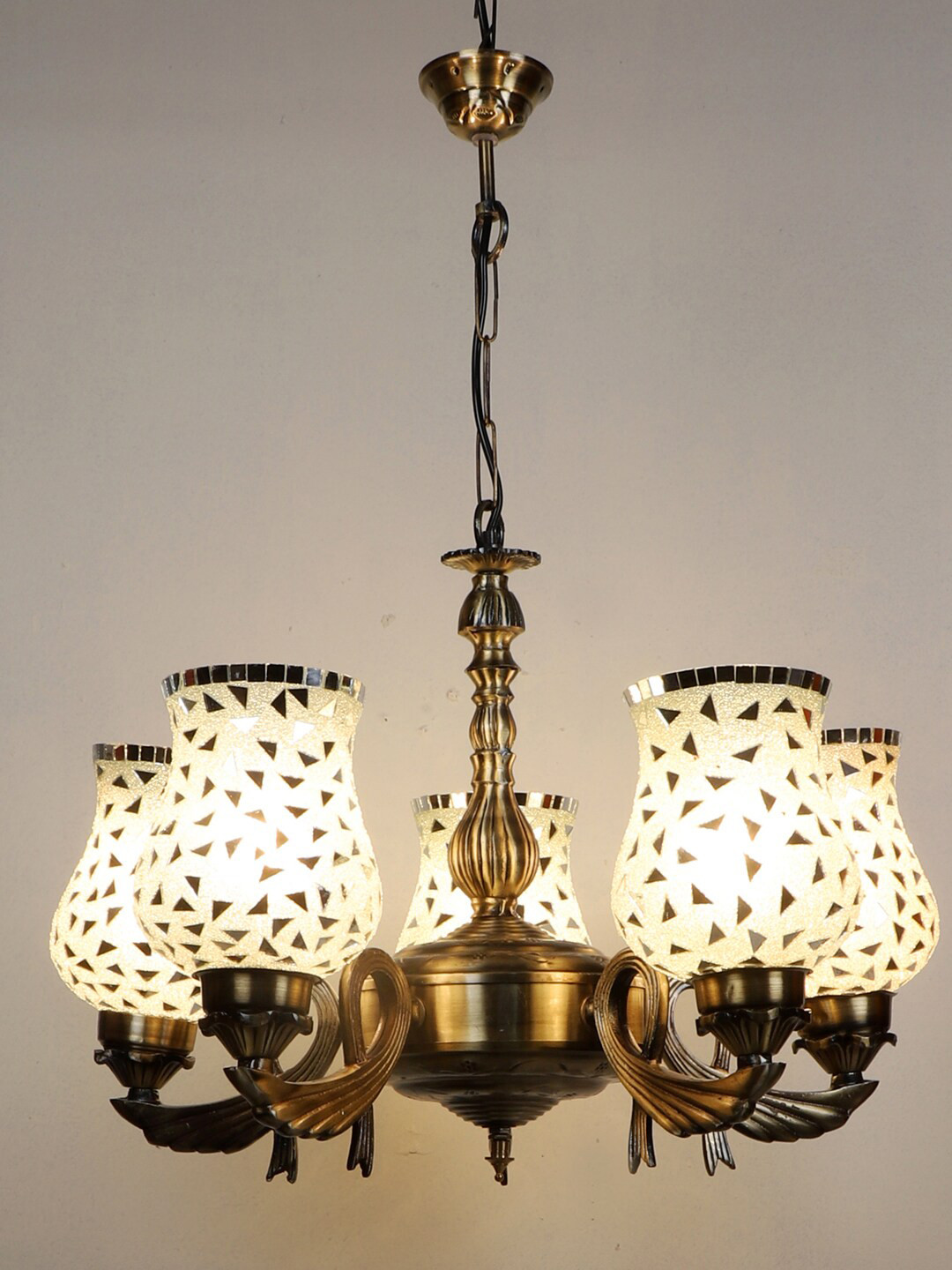 Devansh Silver-Toned & Gold-Toned Mosaic Glasses Shade 5 Lamps Chandelier