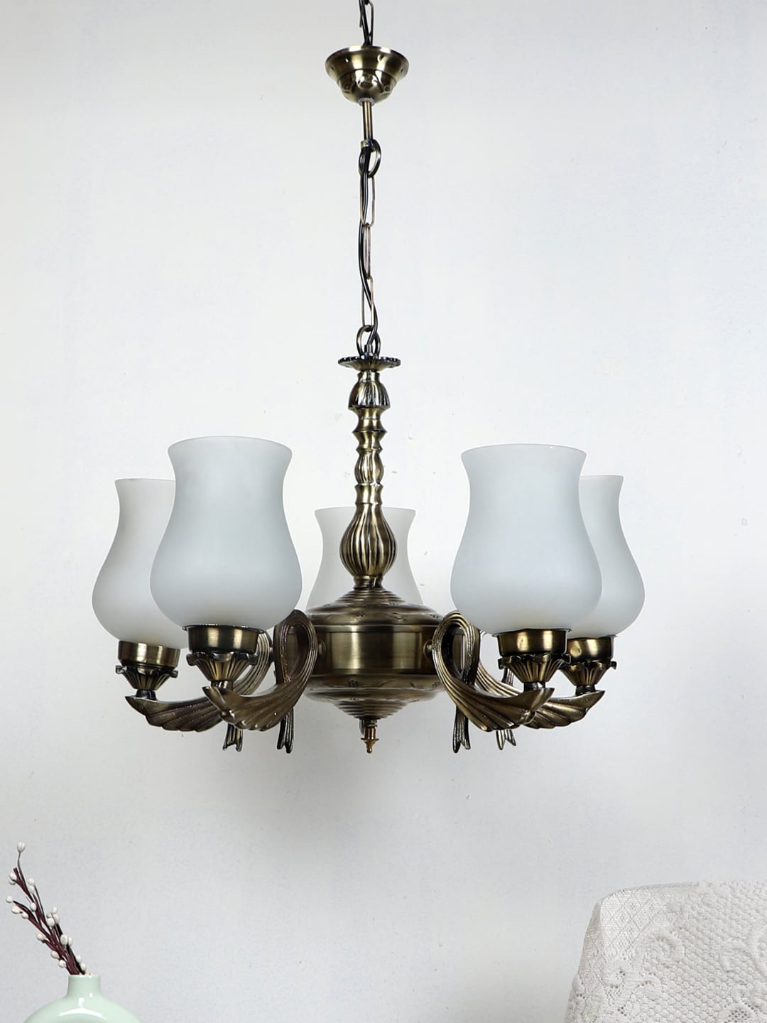 Devansh White & Gold-Toned Milky Glasses Chandelier Ceiling Lamp