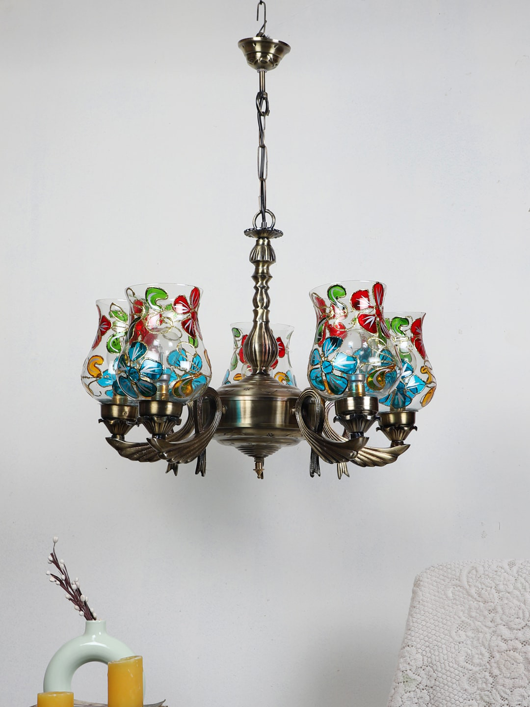 Devansh Transparent & Gold-Toned Mosiac Printed Glass Chandelier Ceiling Lamp