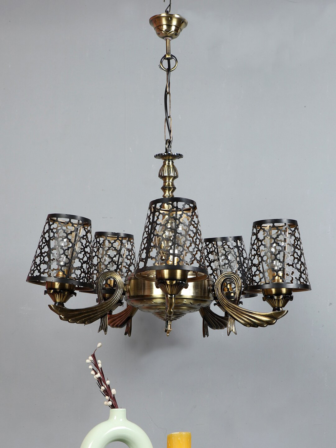 Devansh Black & Gold-Toned Etching Self-Design Metal Chandelier Ceiling Lamp