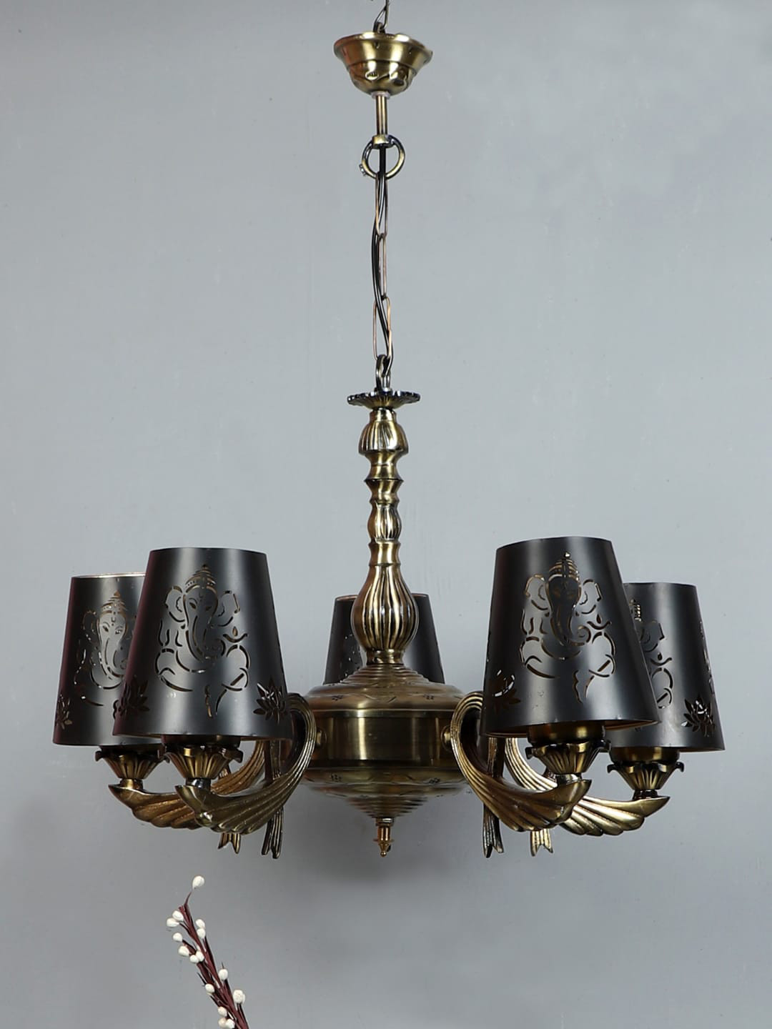 Devansh Black & Gold-Toned Lord Ganesh Design Iron Etching 5 Lamp Shade Chandelier