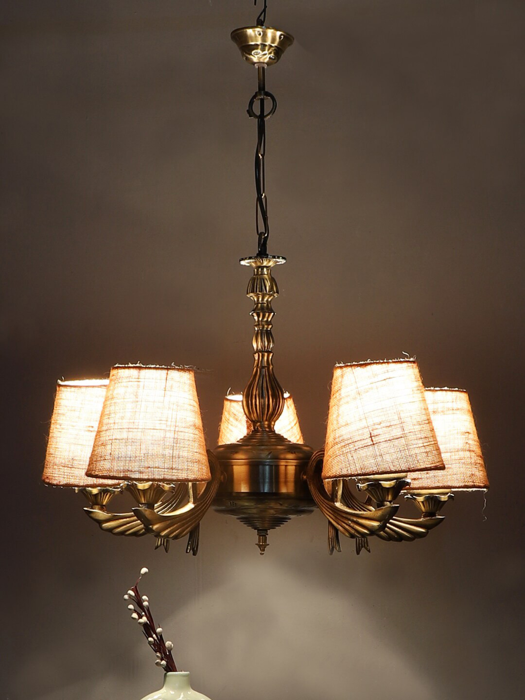 Devansh Beige & Gold-Toned Textured Conical Jute 5 Lamp Shade Chandelier