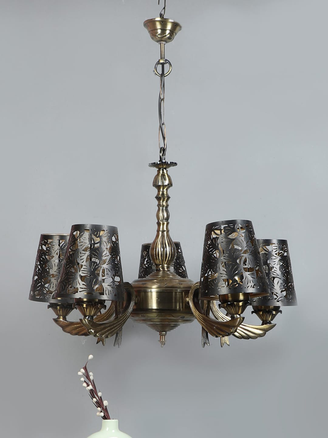 Devansh Black & Gold-Toned Etching Self-Design Metal Chandelier Ceiling Lamp