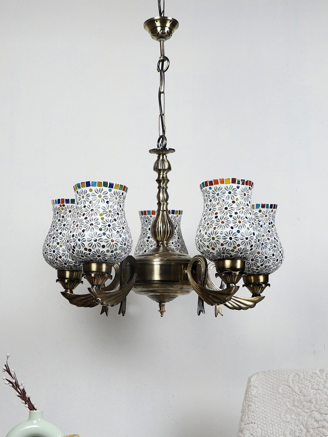 Devansh White & Gold-Toned Mosaic Printed Glass Chandelier Ceiling Lamp