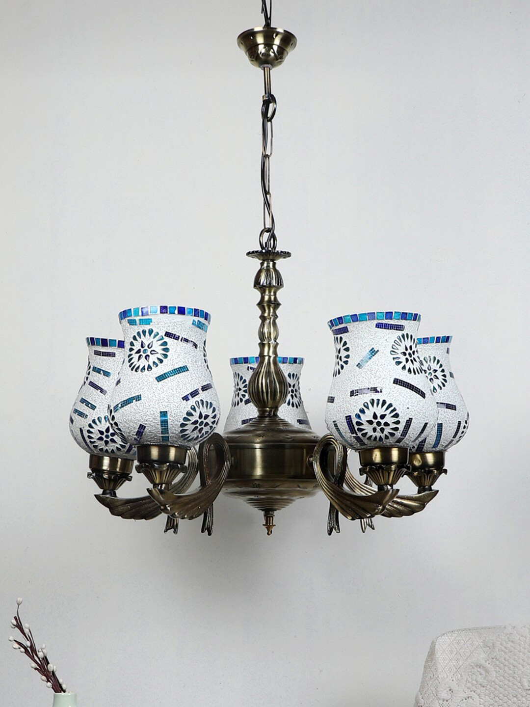 Devansh White & Blue Mosaic Design Glasses 5 Lamp Shades Chandelier