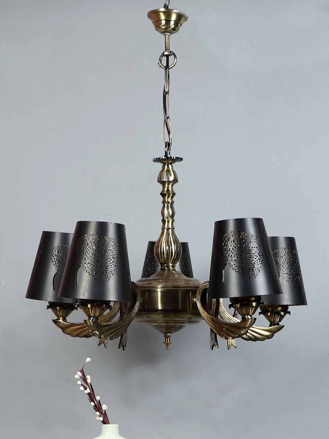 Devansh Black & Gold-Toned Self-Design Iron Etching 5 Lamp Shades Chandelier