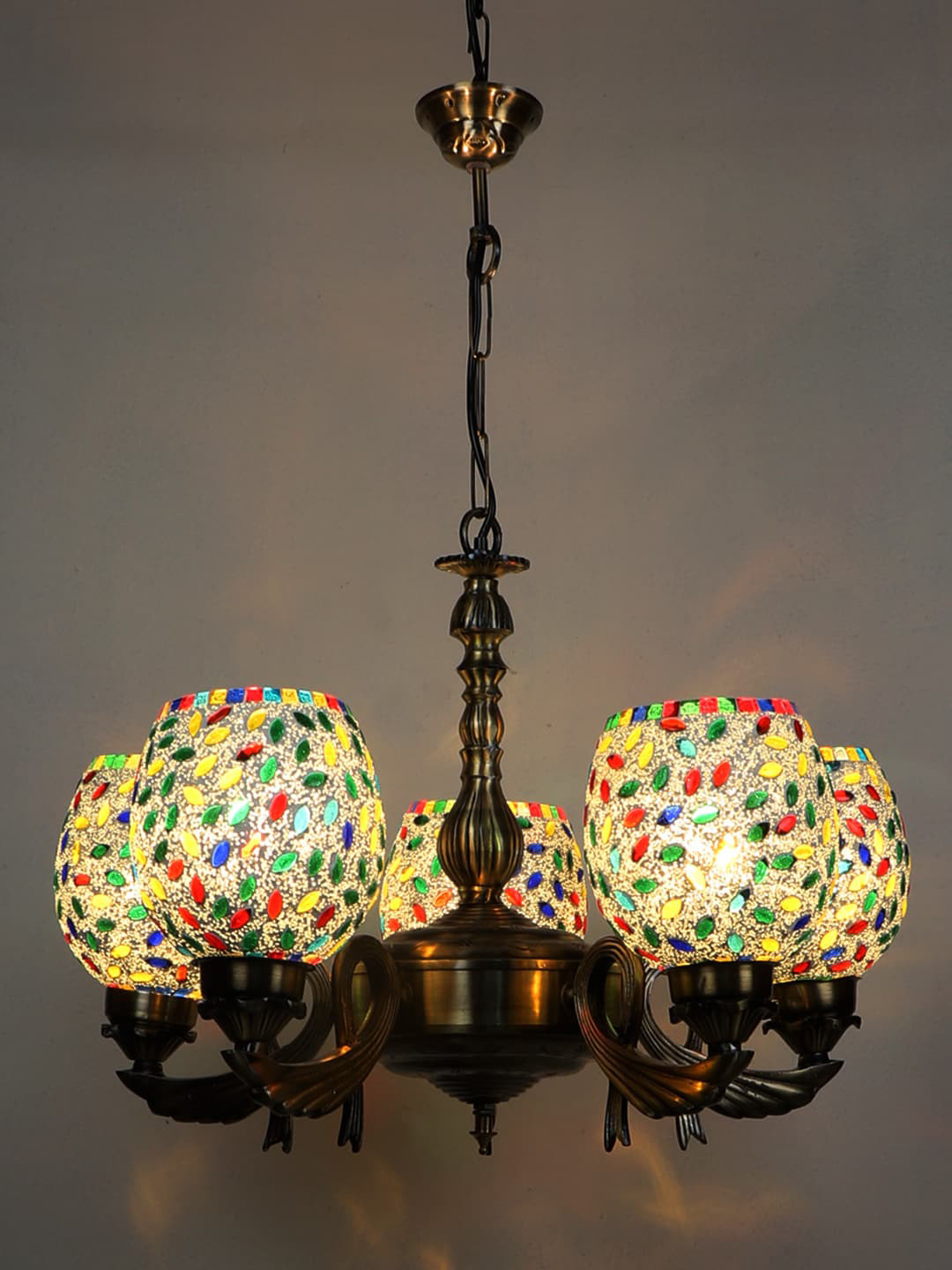 Devansh White & Gold-Toned Mosaic Printed Glass Chandelier Ceiling Lamp