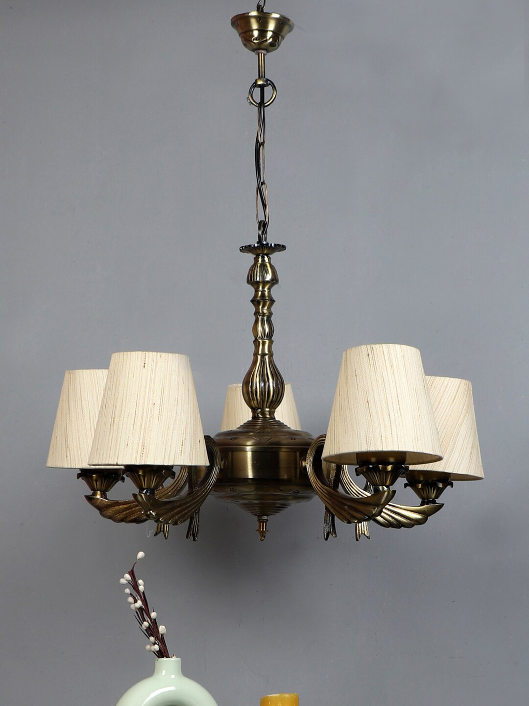 Devansh Off-White & Gold-Toned Conical Khadi Cotton 5 Lamp Shades Chandelier