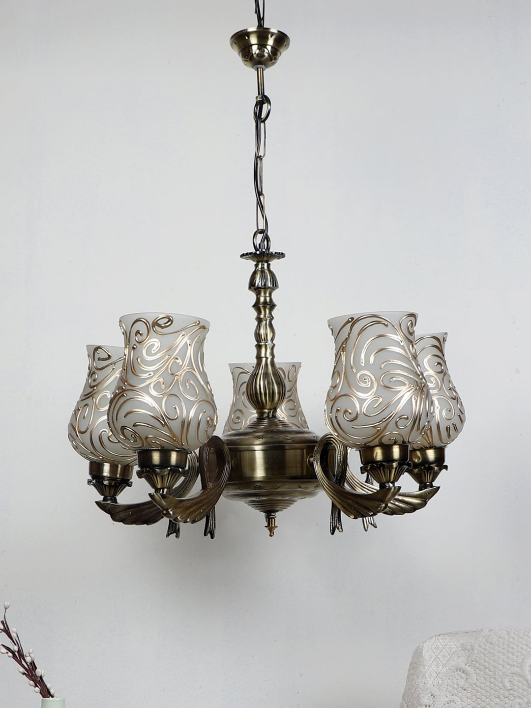 Devansh Off-White & Gold-Toned Mosaic Printed Glasses Chandelier Ceiling Lamp