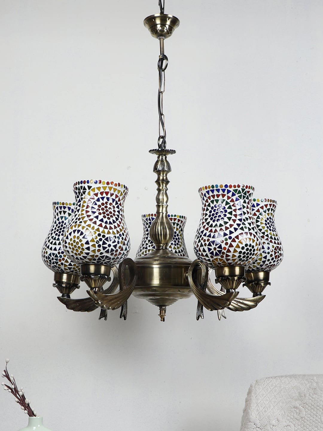 Devansh White & Gold-Toned Mosaic Design Glasses 5 Lamp Shades Chandelier
