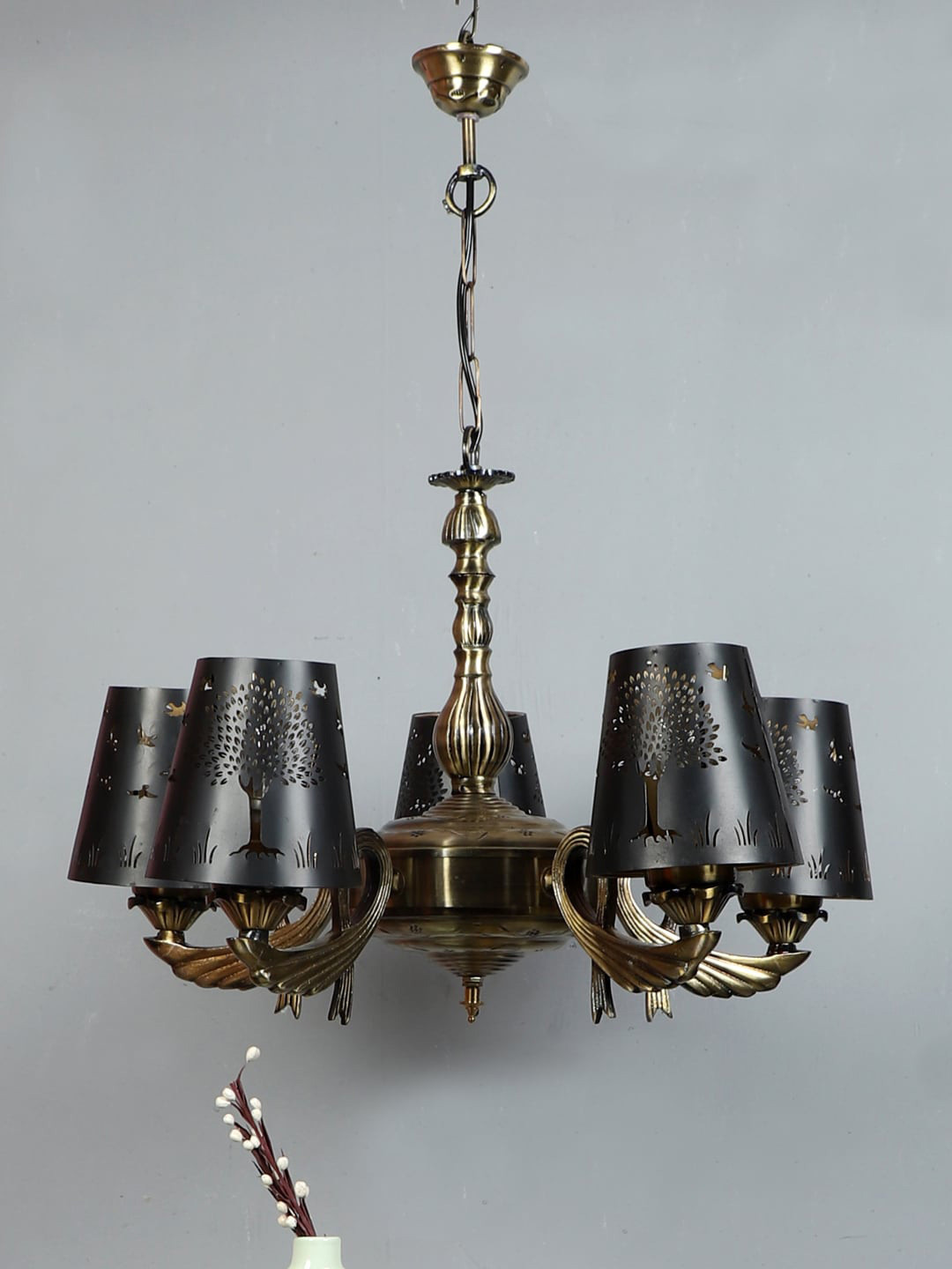 Devansh Black & Gold-Toned Etching Self-Design Metal Chandelier Ceiling Lamp