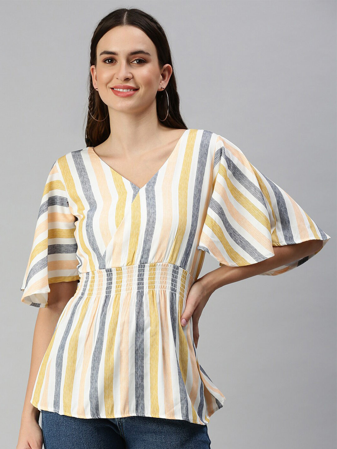 SHOWOFFFF Striped Smocked Flared Sleeves Wrap Top