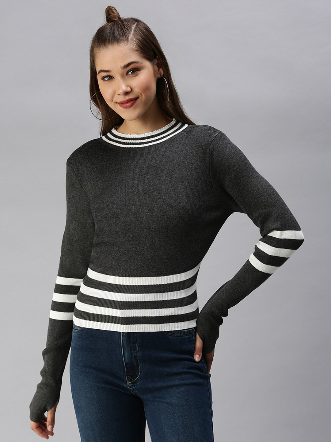 SHOWOFF Striped High Neck Cotton Top