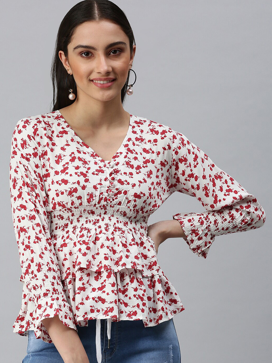 SHOWOFFFF White Floral Printed V-Neck Bell Sleeves Smocking Cinched Waist Top