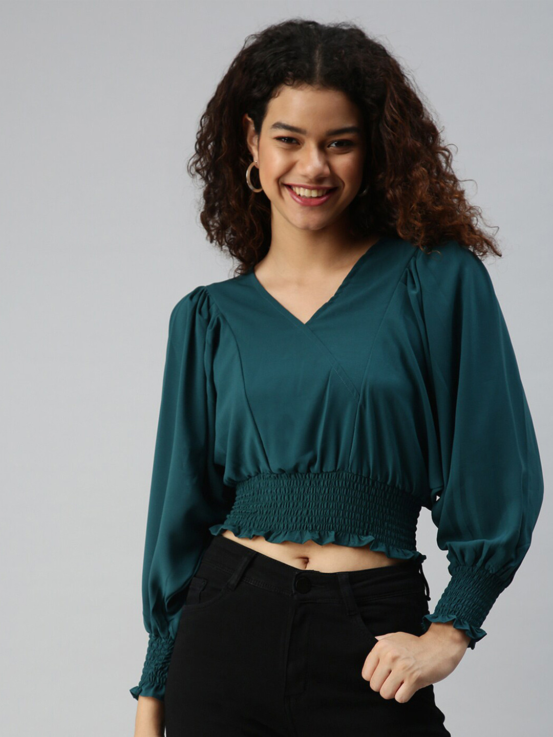 SHOWOFF V-Neck Batwing Sleeves Cinched Waist Crop Top