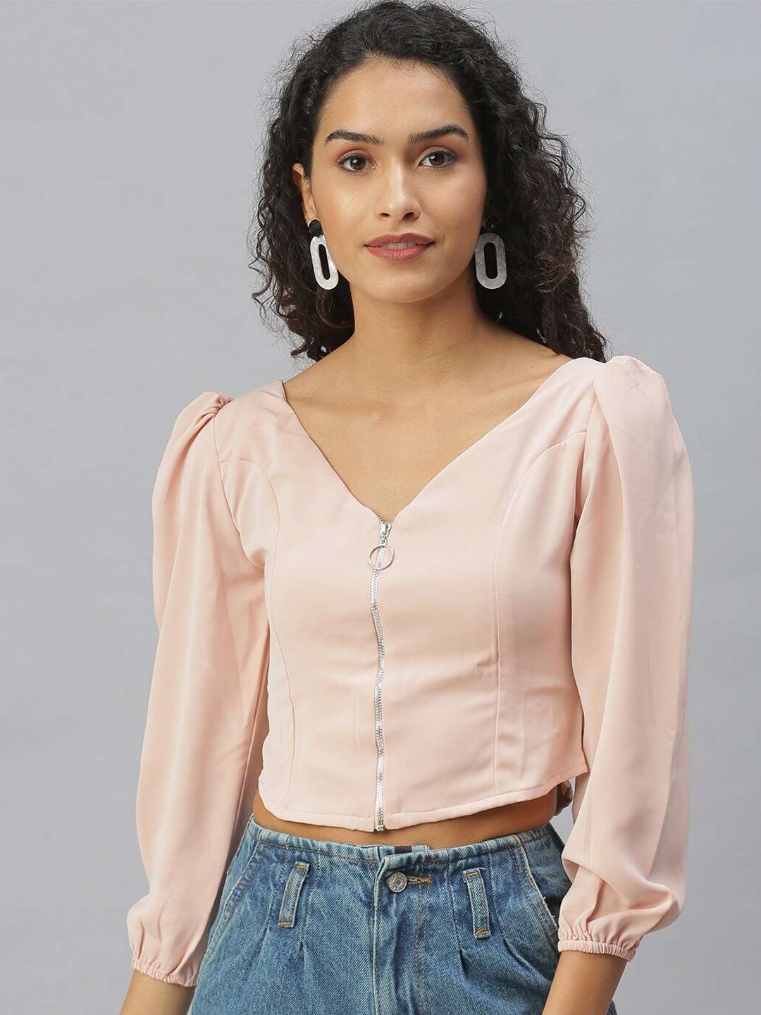 SHOWOFF V-Neck Puff Sleeve Smocking Crop Top
