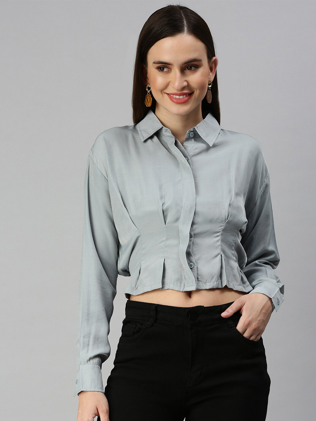 SHOWOFF Shirt Collar Cuffed Sleeves Shirt Style Crop Top
