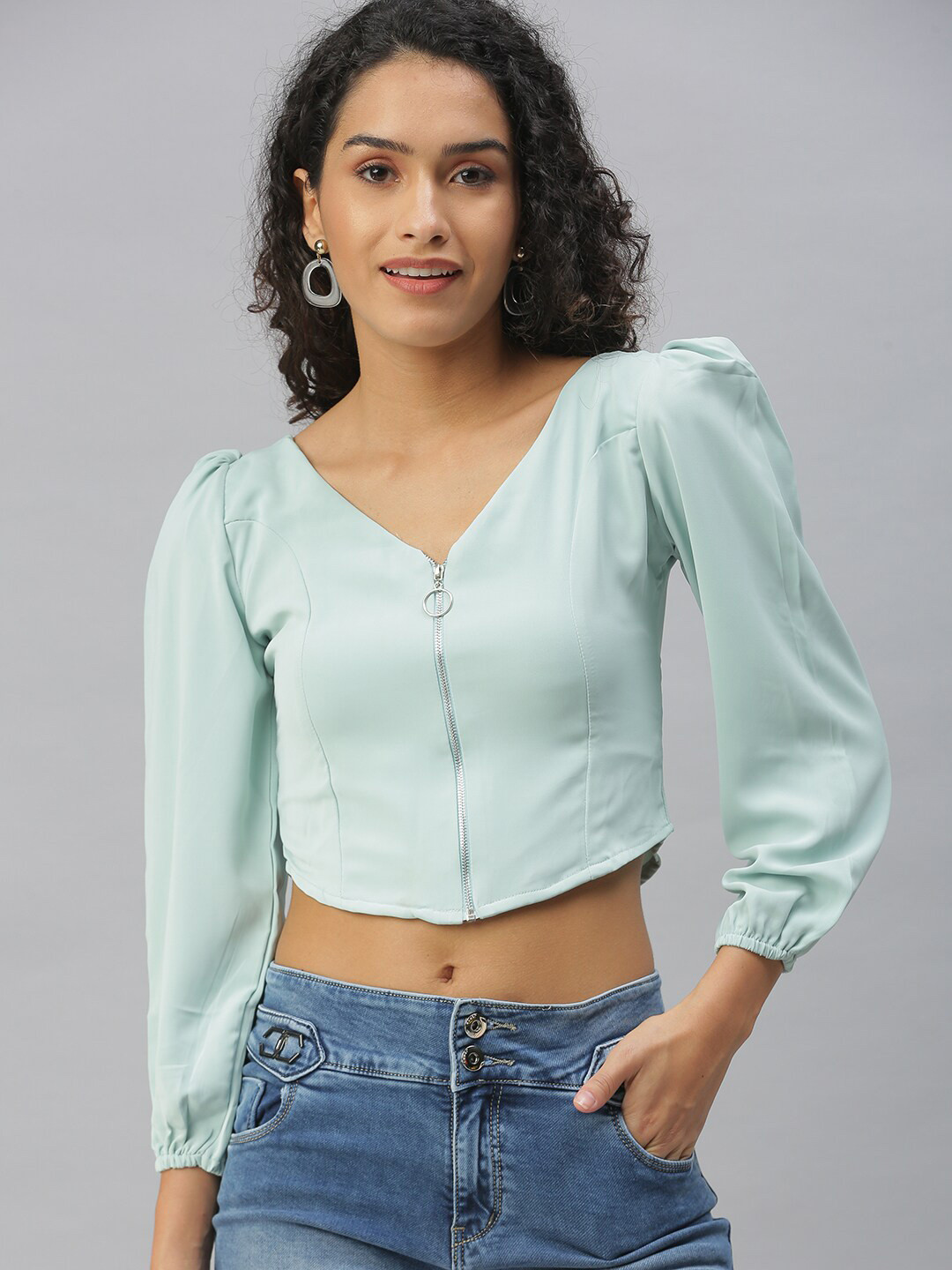 SHOWOFF Smocked Puff Sleeve V-Neck Regular Crop Top