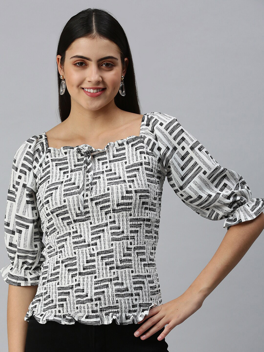 SHOWOFF Geometric Printed Square Neck Puff Sleeves Top