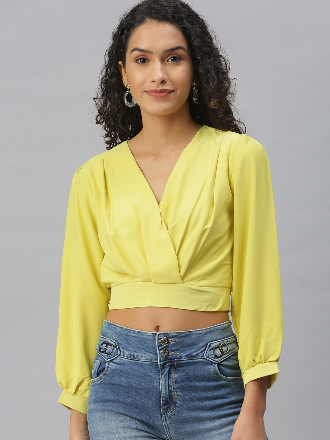 SHOWOFF Puff Sleeve Crepe Wrap Crop Top