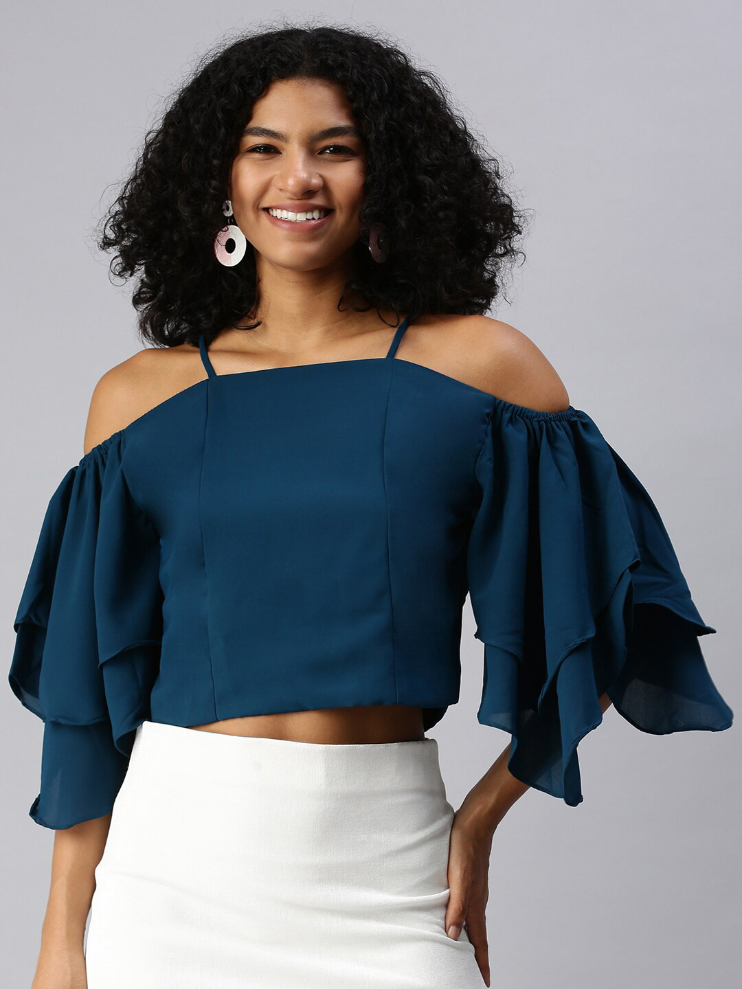 SHOWOFF Flared Sleeve Crepe Cape Crop Top