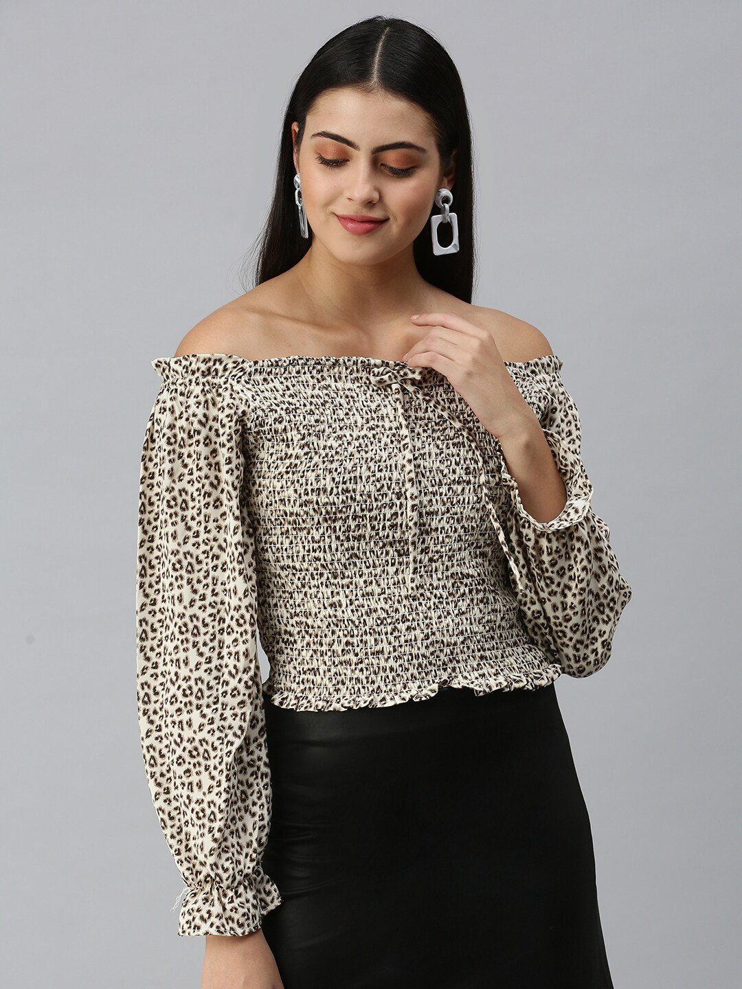 SHOWOFF Animal Printed Off-Shoulder Smocking Puff Sleeves Bardot Top