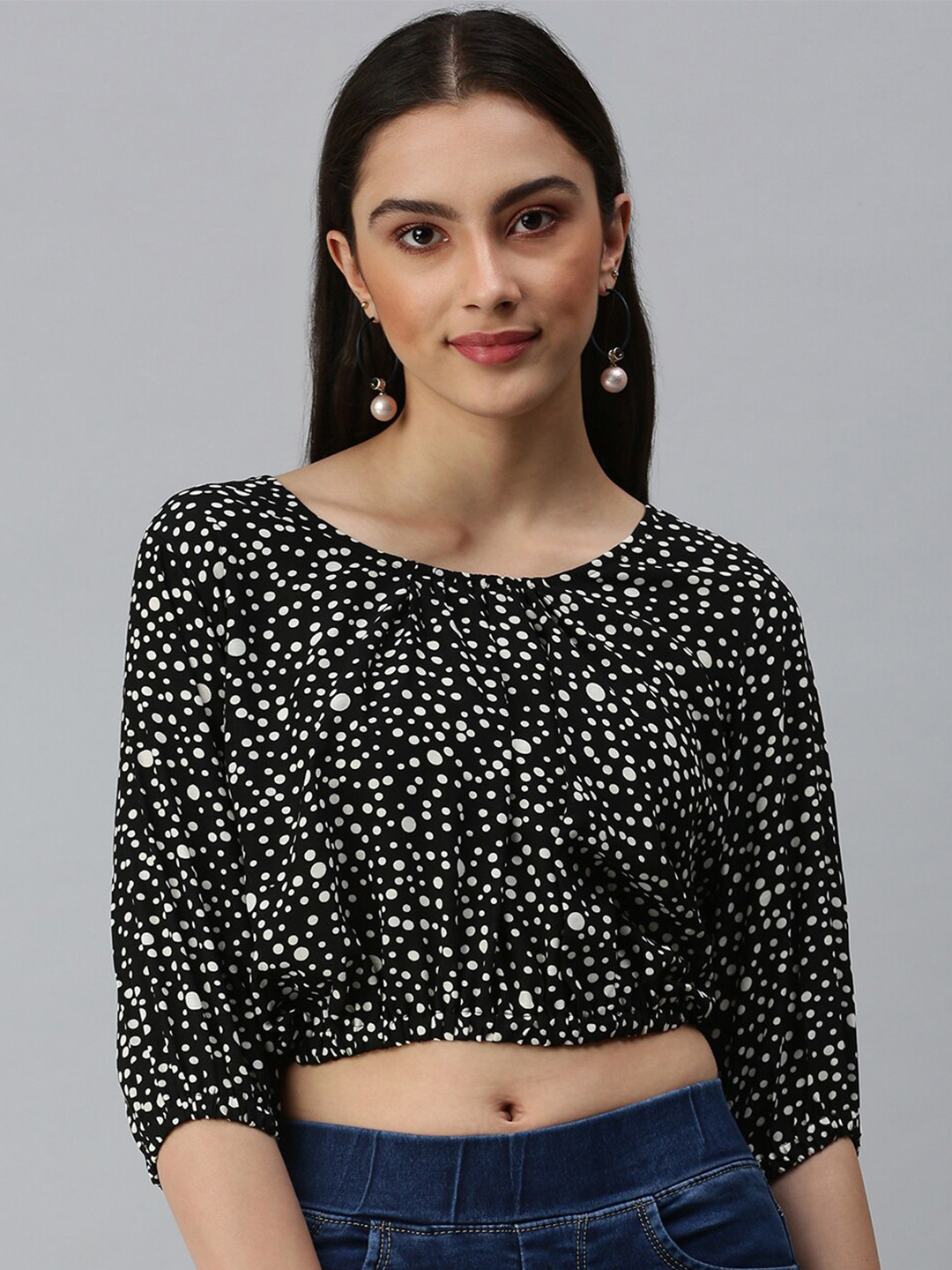 SHOWOFF Polka Dots Print Georgette Styled Back Top