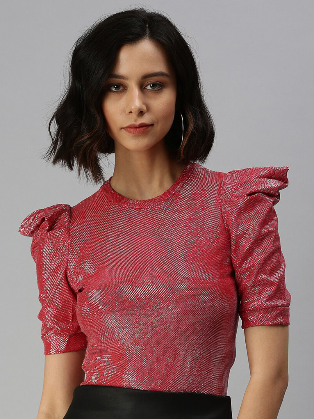 SHOWOFF Round Neck Puff Sleeves Shimmer Georgette Top