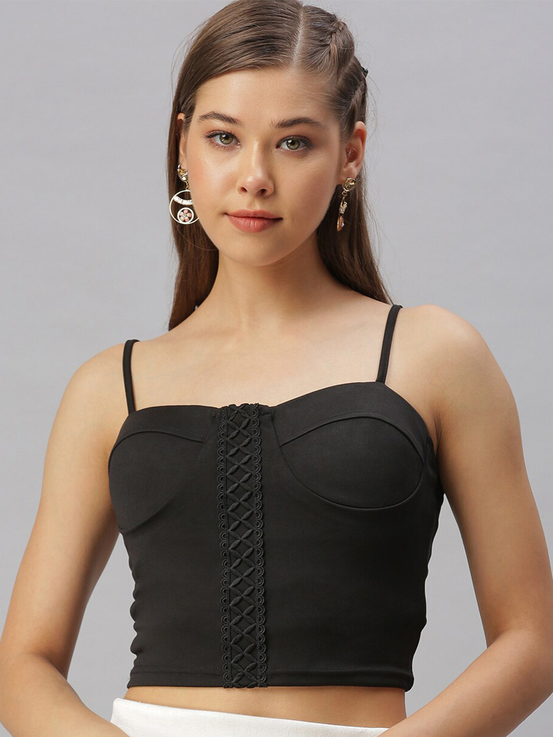 SHOWOFF Black Sweetheart Neck Lace-Up Crop Top