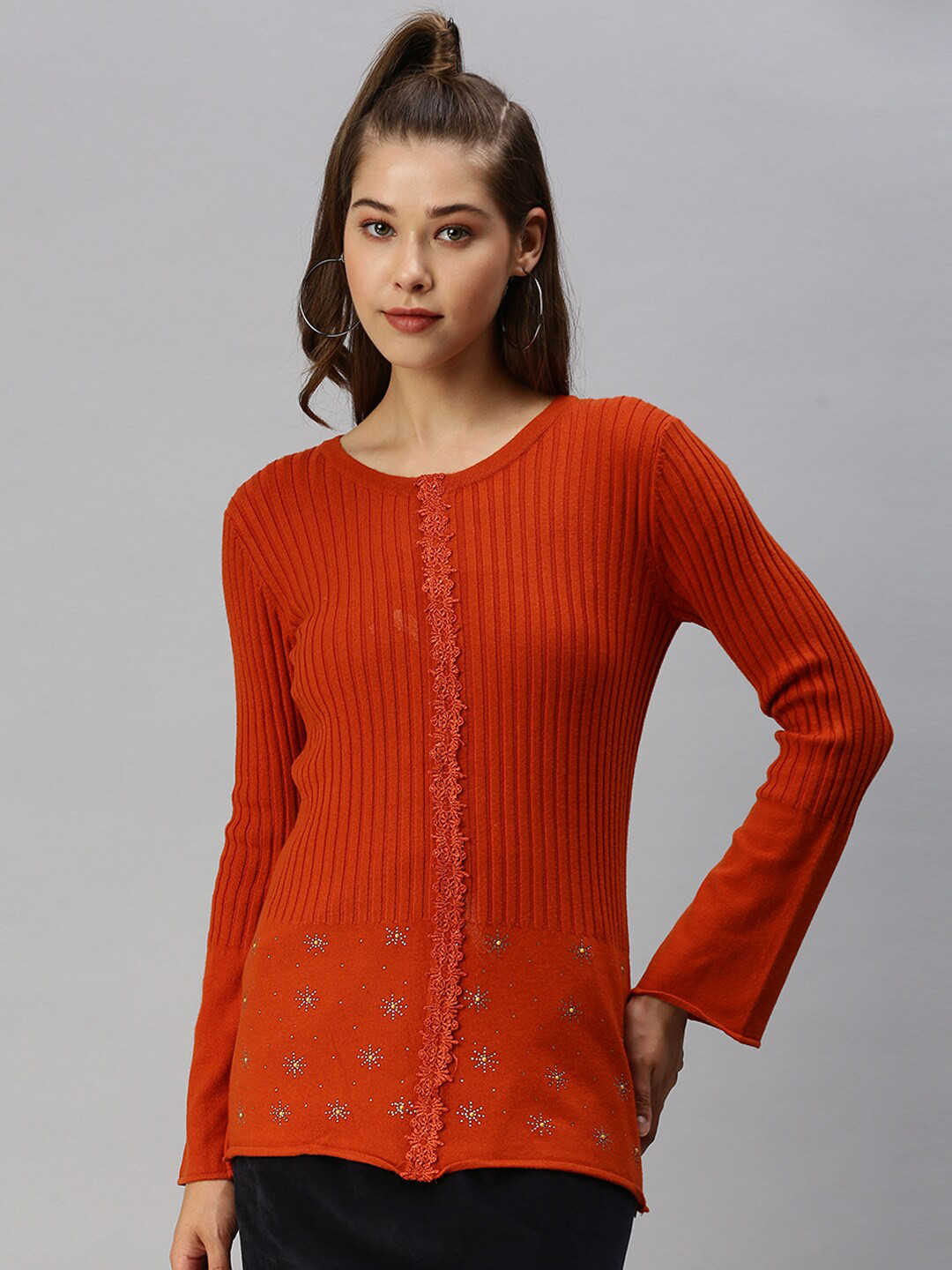 SHOWOFF Embellished Lace-Up Knitted Top