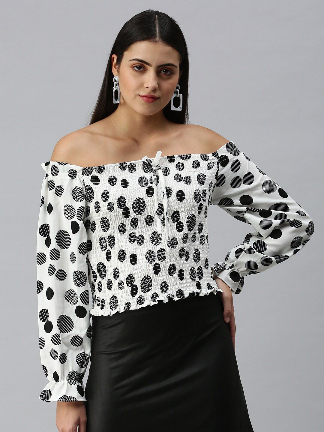 SHOWOFF Polka Dot Printed Smocking Off-Shoulder Puffed sleeves Bardot Top