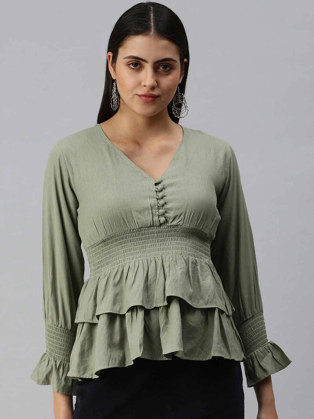 SHOWOFF Smocked V-neck Cinched Waist Top