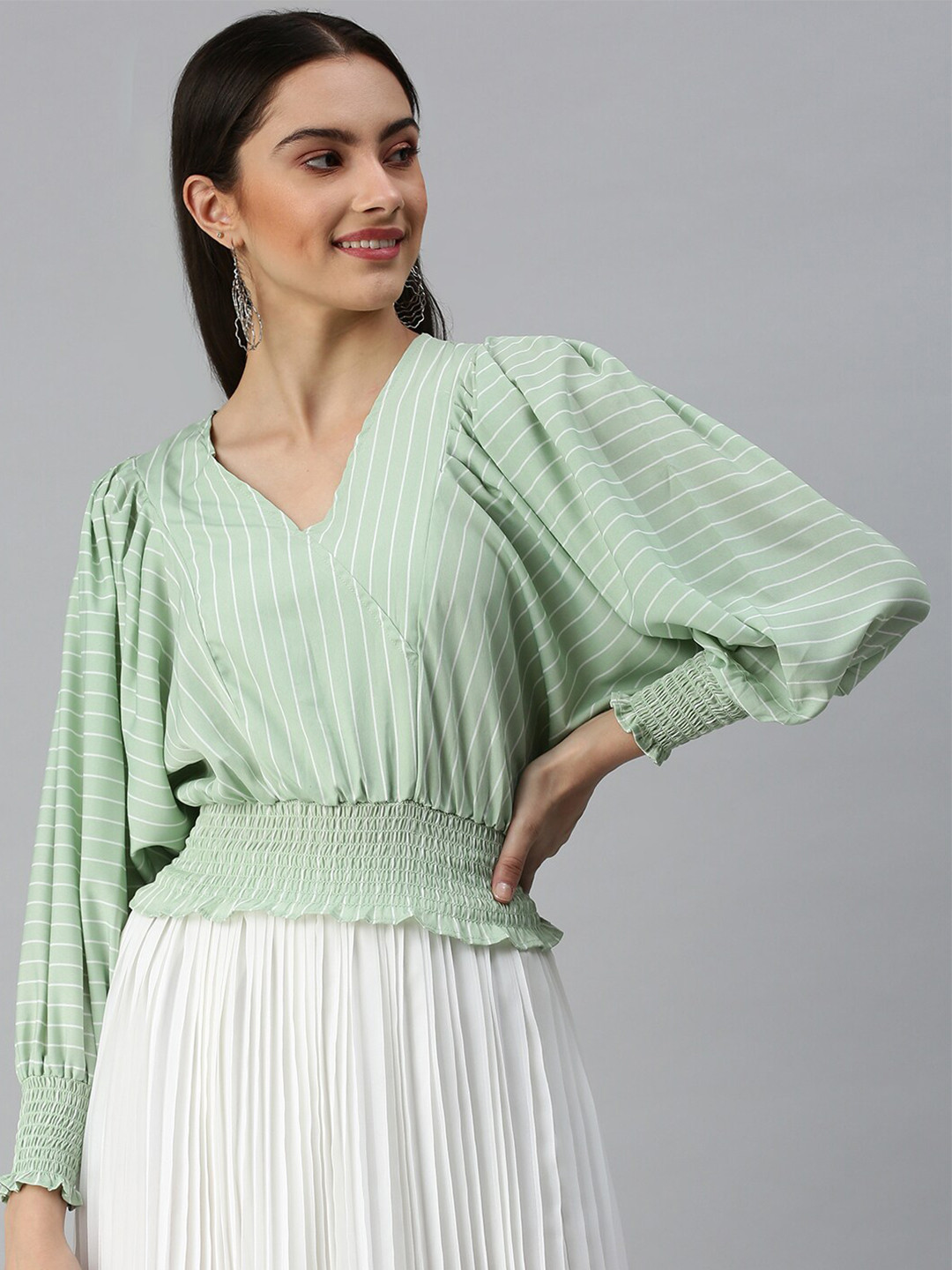 SHOWOFF Striped Smocking Puff Sleeves Blouson Top