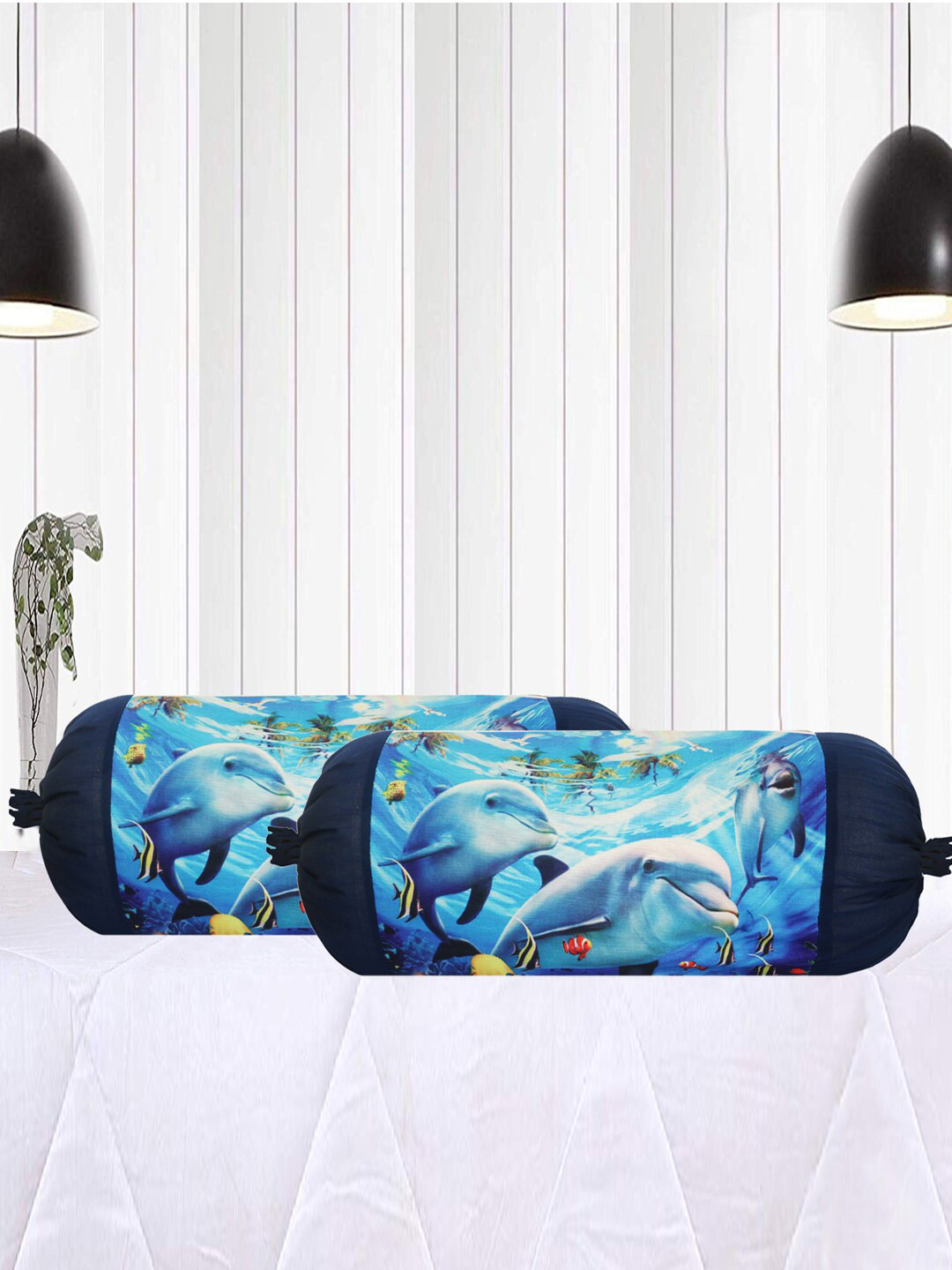 Kuber Industries Blue 2-Pcs Ocean Printed Bolster Covers