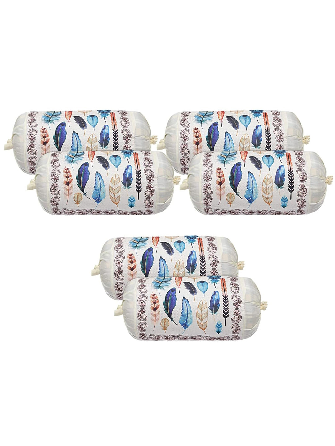Kuber Industries Off white & Blue 6-Pcs Feather Printed Cotton Bolster Covers