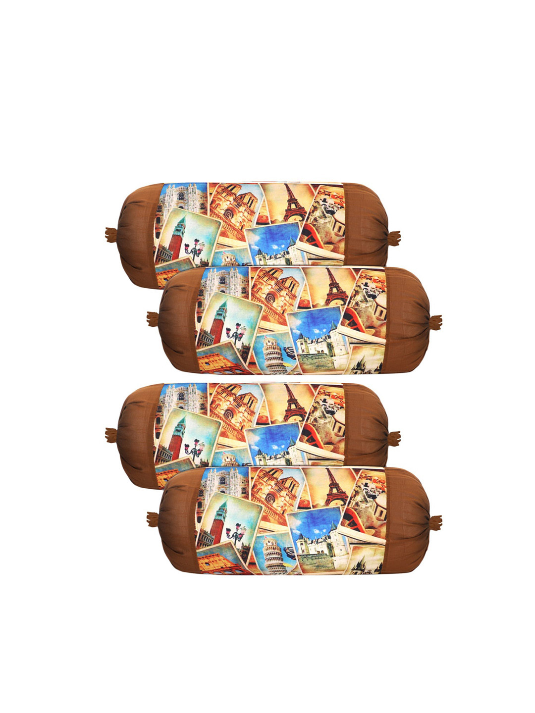 Kuber Industries Brown & Cream 4 Pieces Luxurious Tourist Places Printed Bolster Covers